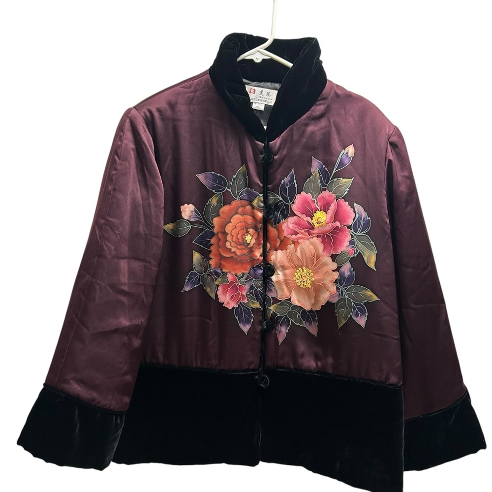 Plum Satin Chinese-Inspired Statement Jacket w/ Velvet Trim & Floral Art